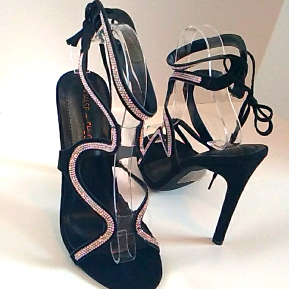 CHASE+CHLOE Black Bling Tie Up Open Toe Womens Stiletto Heels